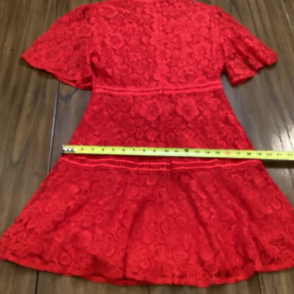 Strut & Bolt floral Lace Lined Mock Neck Short Sleeve flare Mini Dress Red Large - Picture 9 of 11